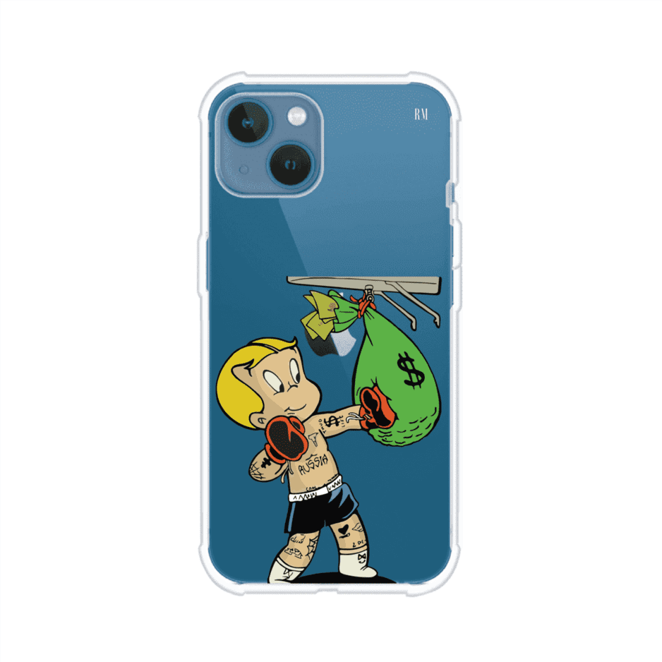 Funda para iPhone con dibujo de Richie Rich como boxeador sosteniendo una bolsa de dinero sobre fondo rojo – Remark Mx