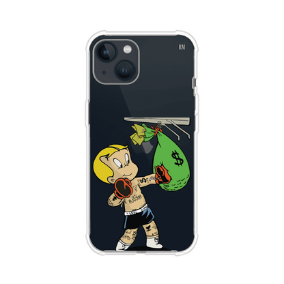 Funda para iPhone con dibujo de Richie Rich como boxeador sosteniendo una bolsa de dinero sobre fondo rojo – Remark Mx