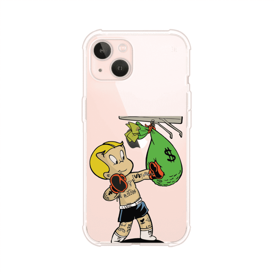 Funda para iPhone con dibujo de Richie Rich como boxeador sosteniendo una bolsa de dinero sobre fondo rojo – Remark Mx