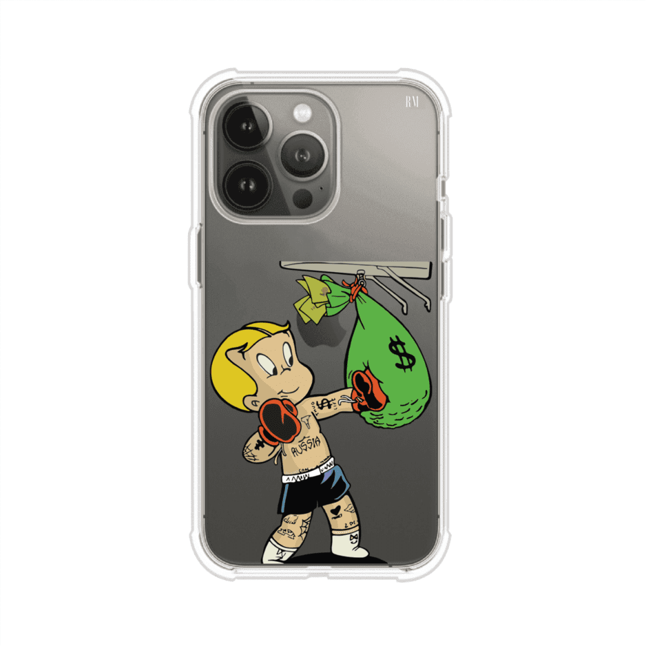Funda para iPhone con dibujo de Richie Rich como boxeador sosteniendo una bolsa de dinero sobre fondo rojo – Remark Mx