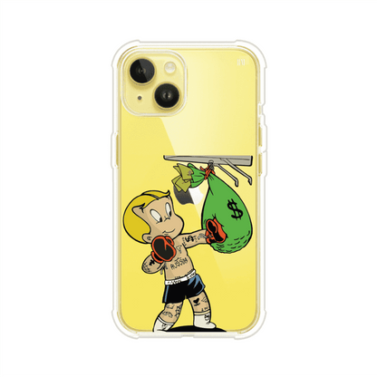 Funda para iPhone con dibujo de Richie Rich como boxeador sosteniendo una bolsa de dinero sobre fondo rojo – Remark Mx