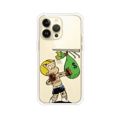 Funda para iPhone con dibujo de Richie Rich como boxeador sosteniendo una bolsa de dinero sobre fondo rojo – Remark Mx