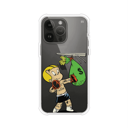 Funda para iPhone con dibujo de Richie Rich como boxeador sosteniendo una bolsa de dinero sobre fondo rojo – Remark Mx