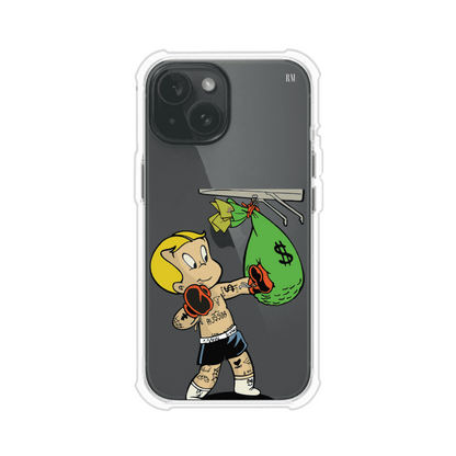 Funda para iPhone con dibujo de Richie Rich como boxeador sosteniendo una bolsa de dinero sobre fondo rojo – Remark Mx