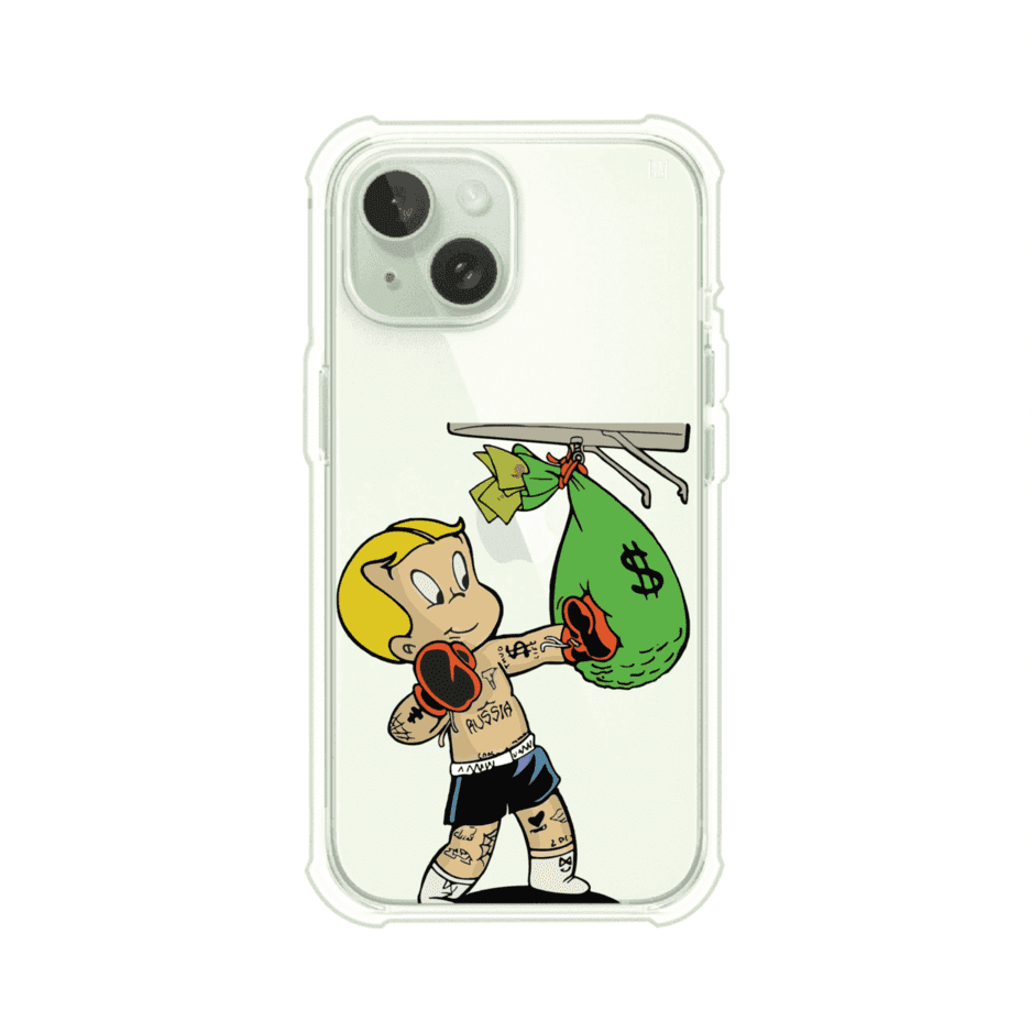 Funda para iPhone con dibujo de Richie Rich como boxeador sosteniendo una bolsa de dinero sobre fondo rojo – Remark Mx