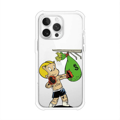 Funda para iPhone con dibujo de Richie Rich como boxeador sosteniendo una bolsa de dinero sobre fondo rojo – Remark Mx