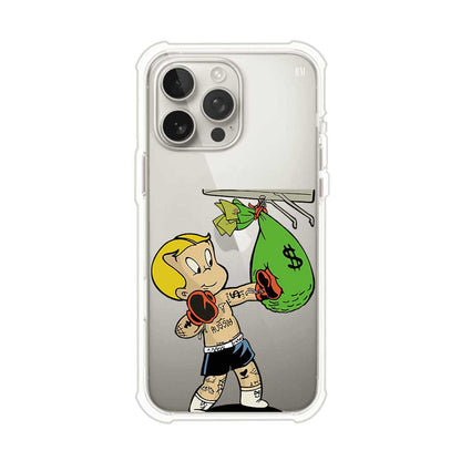 Funda para iPhone con dibujo de Richie Rich como boxeador sosteniendo una bolsa de dinero sobre fondo rojo – Remark Mx