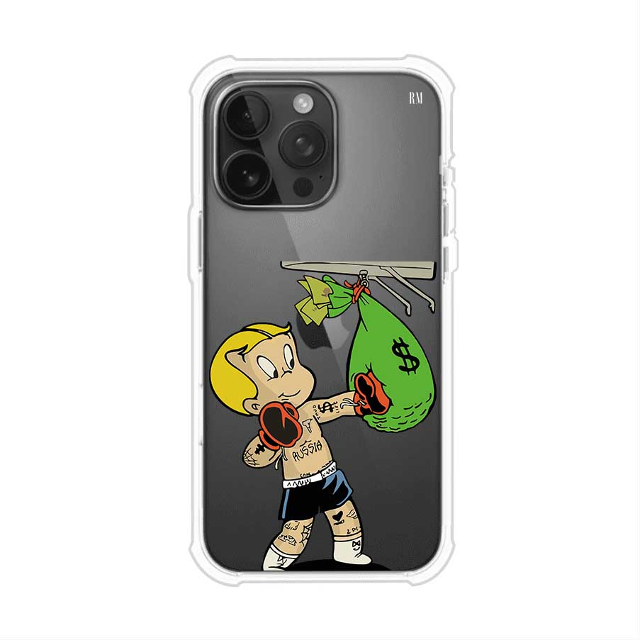 Funda para iPhone con dibujo de Richie Rich como boxeador sosteniendo una bolsa de dinero sobre fondo rojo – Remark Mx