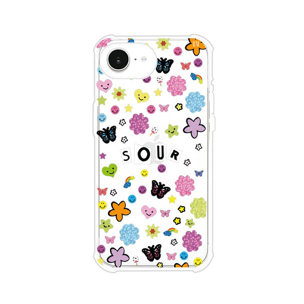 Funda para iPhone inspirada en el álbum Sour de Olivia Rodrigo. Diseño con stickers de mariposas, caritas felices, flores y estrellas. Estilo aesthetic, juvenil y divertido. Producto de Remark Mx