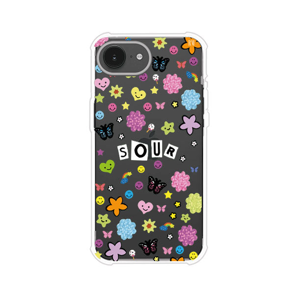 Funda para iPhone inspirada en el álbum Sour de Olivia Rodrigo. Diseño con stickers de mariposas, caritas felices, flores y estrellas. Estilo aesthetic, juvenil y divertido. Producto de Remark Mx
