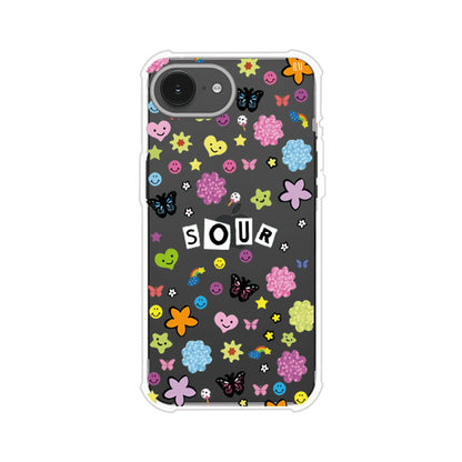 Funda para iPhone inspirada en el álbum Sour de Olivia Rodrigo. Diseño con stickers de mariposas, caritas felices, flores y estrellas. Estilo aesthetic, juvenil y divertido. Producto de Remark Mx