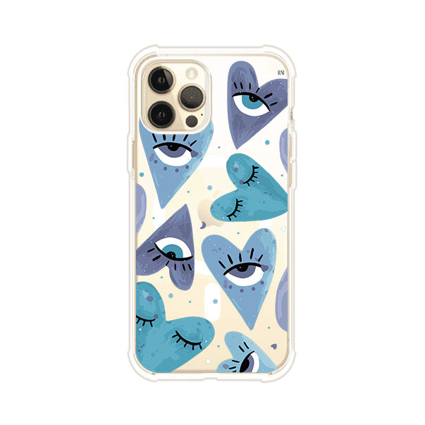 Funda para iPhone con corazones azules y ojos ilustrados, diseño artístico original y expresivo para un estilo auténtico. Producto de Remark Mx