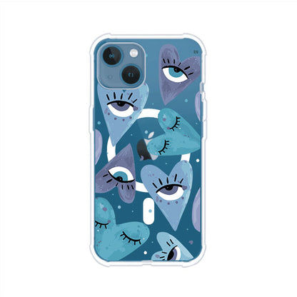 Funda para iPhone con corazones azules y ojos ilustrados, diseño artístico original y expresivo para un estilo auténtico. Producto de Remark Mx