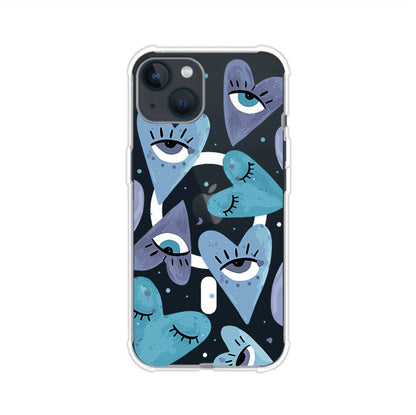 Funda para iPhone con corazones azules y ojos ilustrados, diseño artístico original y expresivo para un estilo auténtico. Producto de Remark Mx