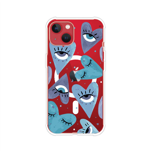 Funda para iPhone con corazones azules y ojos ilustrados, diseño artístico original y expresivo para un estilo auténtico. Producto de Remark Mx