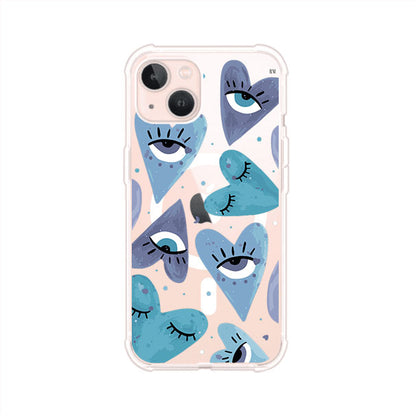 Funda para iPhone con corazones azules y ojos ilustrados, diseño artístico original y expresivo para un estilo auténtico. Producto de Remark Mx