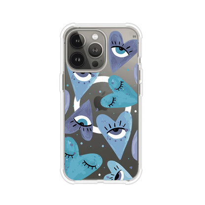 Funda para iPhone con corazones azules y ojos ilustrados, diseño artístico original y expresivo para un estilo auténtico. Producto de Remark Mx