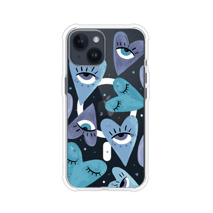 Funda para iPhone con corazones azules y ojos ilustrados, diseño artístico original y expresivo para un estilo auténtico. Producto de Remark Mx