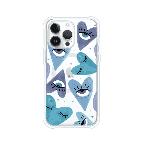 Funda para iPhone con corazones azules y ojos ilustrados, diseño artístico original y expresivo para un estilo auténtico. Producto de Remark Mx