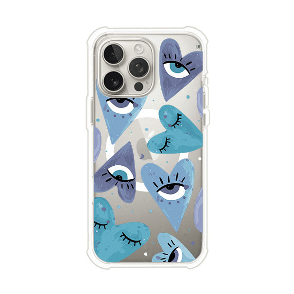 Funda para iPhone con corazones azules y ojos ilustrados, diseño artístico original y expresivo para un estilo auténtico. Producto de Remark Mx