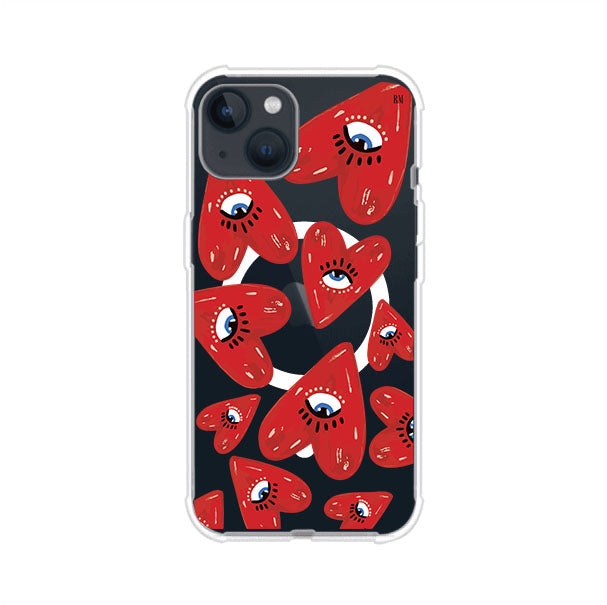 Funda para iPhone con diseño de corazones rojos ilustrados con ojos al centro. Estilo artístico, llamativo y original. Ideal para quienes buscan un accesorio único. Diseño de Remark MX