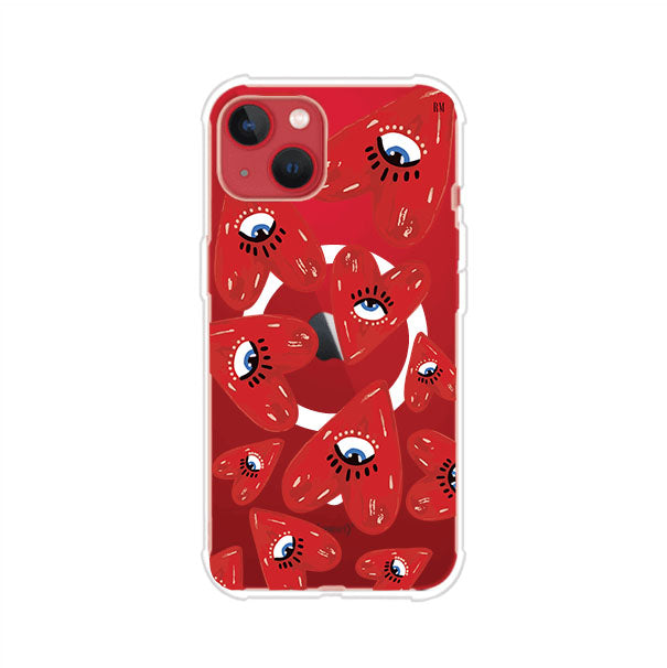 Funda para iPhone con diseño de corazones rojos ilustrados con ojos al centro. Estilo artístico, llamativo y original. Ideal para quienes buscan un accesorio único. Diseño de Remark MX