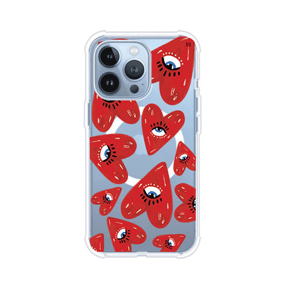 Funda para iPhone con diseño de corazones rojos ilustrados con ojos al centro. Estilo artístico, llamativo y original. Ideal para quienes buscan un accesorio único. Diseño de Remark MX