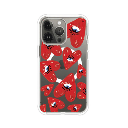 Funda para iPhone con diseño de corazones rojos ilustrados con ojos al centro. Estilo artístico, llamativo y original. Ideal para quienes buscan un accesorio único. Diseño de Remark MX
