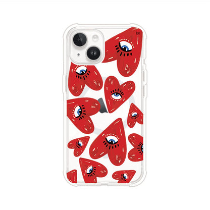 Funda para iPhone con diseño de corazones rojos ilustrados con ojos al centro. Estilo artístico, llamativo y original. Ideal para quienes buscan un accesorio único. Diseño de Remark MX