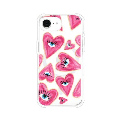 Funda para iPhone con corazones rosas ilustrados y ojos, diseño artístico y romántico. Ideal para expresar amor con estilo. Producto de Remark Mx