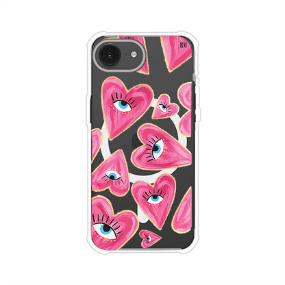 Funda para iPhone con corazones rosas ilustrados y ojos, diseño artístico y romántico. Ideal para expresar amor con estilo. Producto de Remark Mx