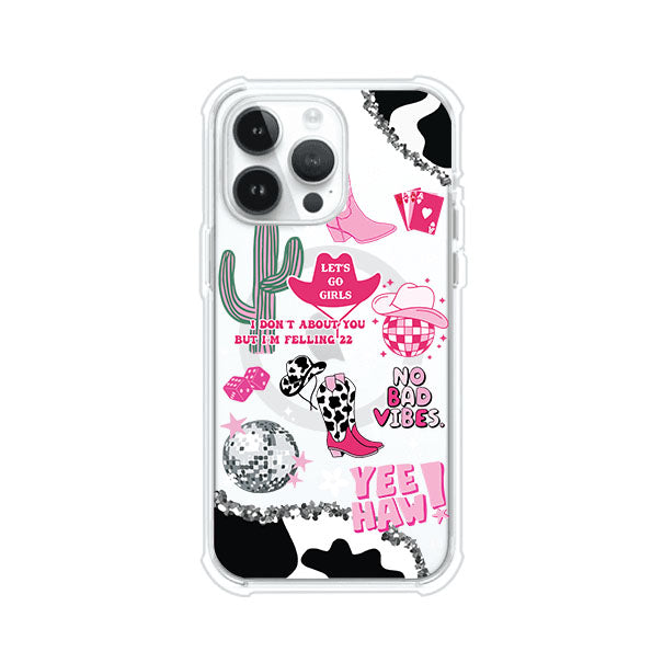 Funda para iPhone con diseño de temática vaquera en tonos rosa y negro, incluye botas, sombrero, cactus, disco ball y frases como "Let’s go girls" y "Yee Haw!". Estilo girly y divertido. Producto de Remark Mx