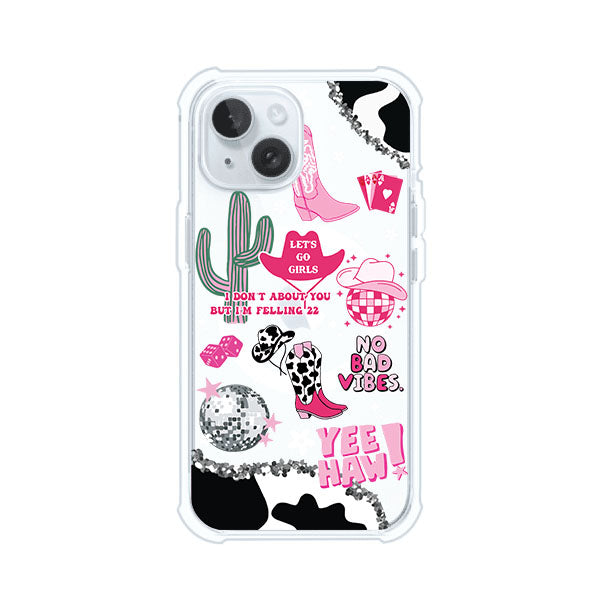 Funda para iPhone con diseño de temática vaquera en tonos rosa y negro, incluye botas, sombrero, cactus, disco ball y frases como "Let’s go girls" y "Yee Haw!". Estilo girly y divertido. Producto de Remark Mx