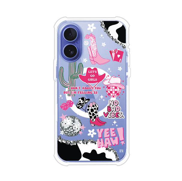 Funda para iPhone con diseño de temática vaquera en tonos rosa y negro, incluye botas, sombrero, cactus, disco ball y frases como "Let’s go girls" y "Yee Haw!". Estilo girly y divertido. Producto de Remark Mx