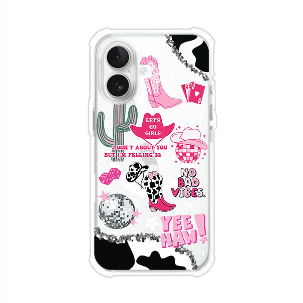 Funda para iPhone con diseño de temática vaquera en tonos rosa y negro, incluye botas, sombrero, cactus, disco ball y frases como "Let’s go girls" y "Yee Haw!". Estilo girly y divertido. Producto de Remark Mx