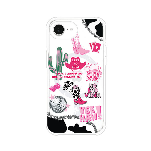 Funda para iPhone con diseño de temática vaquera en tonos rosa y negro, incluye botas, sombrero, cactus, disco ball y frases como "Let’s go girls" y "Yee Haw!". Estilo girly y divertido. Producto de Remark Mx