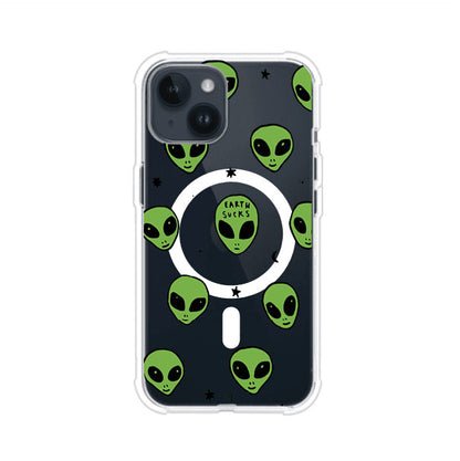 Funda para iPhone con diseño de alienígenas verdes y frase "Earth Sucks", fondo negro con detalles espaciales. Estilo divertido y rebelde. Producto de Remark MX