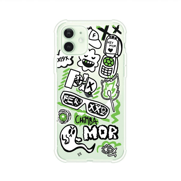 Funda para iPhone con diseño inspirado en FERXXO. Incluye stickers con frases como “CHIMBA MOR”, íconos urbanos y colores verde neón y negro. Estilo reggaetonero y atrevido, ideal para fans de Feid. Producto de Remark Mx