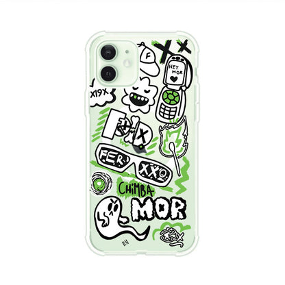 Funda para iPhone con diseño inspirado en FERXXO. Incluye stickers con frases como “CHIMBA MOR”, íconos urbanos y colores verde neón y negro. Estilo reggaetonero y atrevido, ideal para fans de Feid. Producto de Remark Mx