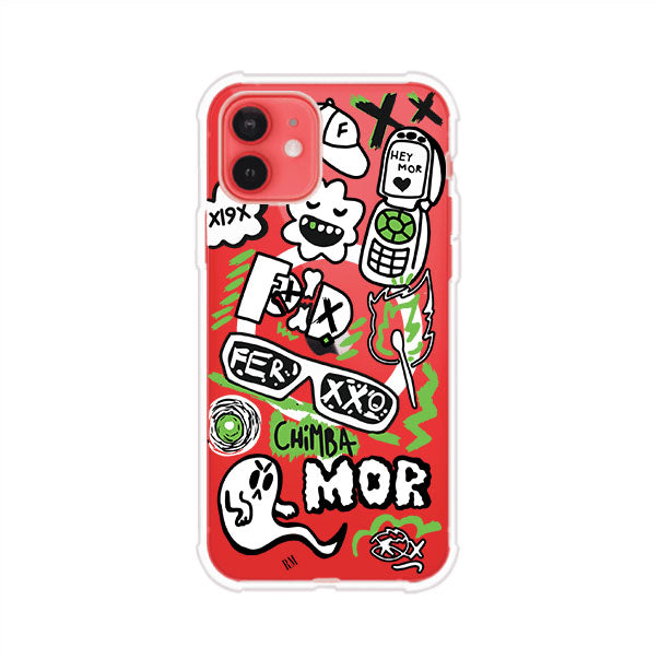 Funda para iPhone con diseño inspirado en FERXXO. Incluye stickers con frases como “CHIMBA MOR”, íconos urbanos y colores verde neón y negro. Estilo reggaetonero y atrevido, ideal para fans de Feid. Producto de Remark Mx