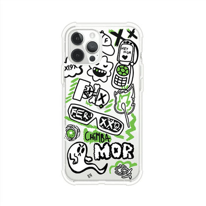 Funda para iPhone con diseño inspirado en FERXXO. Incluye stickers con frases como “CHIMBA MOR”, íconos urbanos y colores verde neón y negro. Estilo reggaetonero y atrevido, ideal para fans de Feid. Producto de Remark Mx