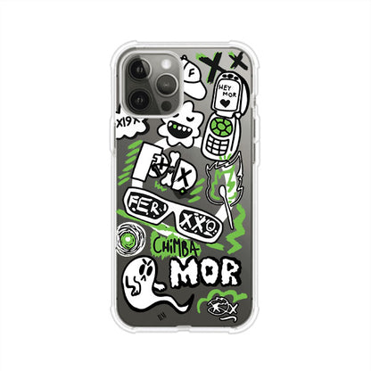 Funda para iPhone con diseño inspirado en FERXXO. Incluye stickers con frases como “CHIMBA MOR”, íconos urbanos y colores verde neón y negro. Estilo reggaetonero y atrevido, ideal para fans de Feid. Producto de Remark Mx