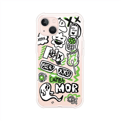Funda para iPhone con diseño inspirado en FERXXO. Incluye stickers con frases como “CHIMBA MOR”, íconos urbanos y colores verde neón y negro. Estilo reggaetonero y atrevido, ideal para fans de Feid. Producto de Remark Mx