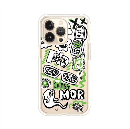 Funda para iPhone con diseño inspirado en FERXXO. Incluye stickers con frases como “CHIMBA MOR”, íconos urbanos y colores verde neón y negro. Estilo reggaetonero y atrevido, ideal para fans de Feid. Producto de Remark Mx
