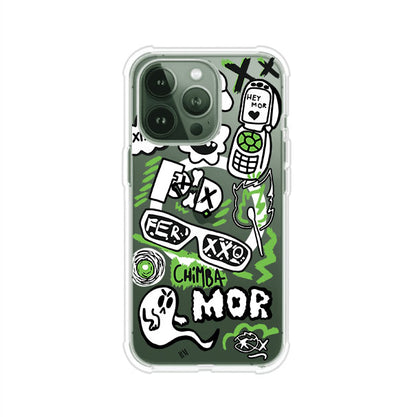 Funda para iPhone con diseño inspirado en FERXXO. Incluye stickers con frases como “CHIMBA MOR”, íconos urbanos y colores verde neón y negro. Estilo reggaetonero y atrevido, ideal para fans de Feid. Producto de Remark Mx