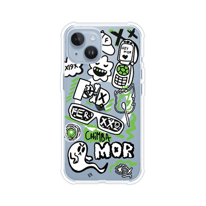 Funda para iPhone con diseño inspirado en FERXXO. Incluye stickers con frases como “CHIMBA MOR”, íconos urbanos y colores verde neón y negro. Estilo reggaetonero y atrevido, ideal para fans de Feid. Producto de Remark Mx