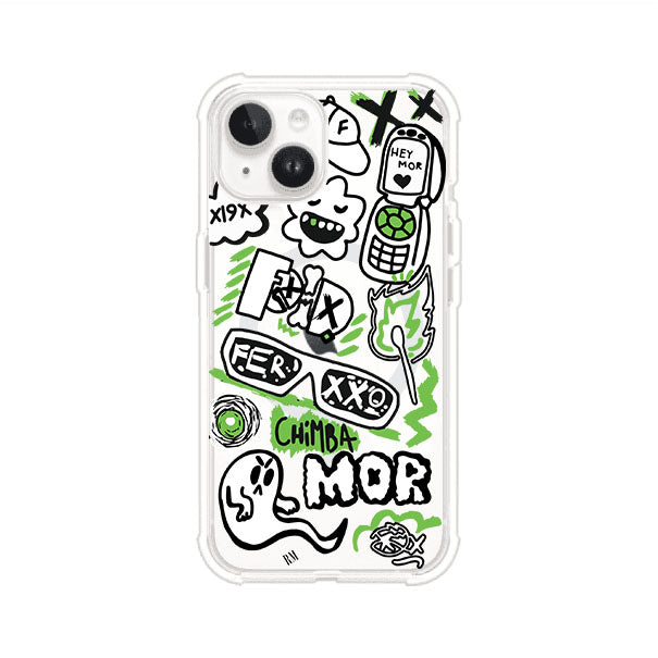 Funda para iPhone con diseño inspirado en FERXXO. Incluye stickers con frases como “CHIMBA MOR”, íconos urbanos y colores verde neón y negro. Estilo reggaetonero y atrevido, ideal para fans de Feid. Producto de Remark Mx