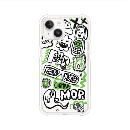 Funda para iPhone con diseño inspirado en FERXXO. Incluye stickers con frases como “CHIMBA MOR”, íconos urbanos y colores verde neón y negro. Estilo reggaetonero y atrevido, ideal para fans de Feid. Producto de Remark Mx