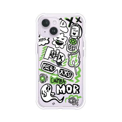 Funda para iPhone con diseño inspirado en FERXXO. Incluye stickers con frases como “CHIMBA MOR”, íconos urbanos y colores verde neón y negro. Estilo reggaetonero y atrevido, ideal para fans de Feid. Producto de Remark Mx