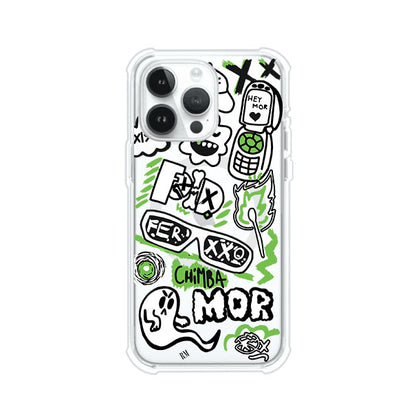 Funda para iPhone con diseño inspirado en FERXXO. Incluye stickers con frases como “CHIMBA MOR”, íconos urbanos y colores verde neón y negro. Estilo reggaetonero y atrevido, ideal para fans de Feid. Producto de Remark Mx